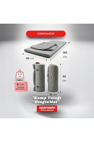 Xpermate Gezginmat Kamp Yatağı Taşıma Çantalı Kamp Matı 90x190x6 Gri
