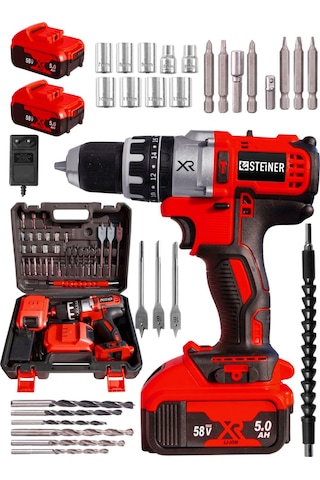 Steiner XR 58 V 5 Ah Darbeli Li-ion Çift Akülü Şarjlı Vidalama Matkap  + 30 Parça Pro Usta Seti