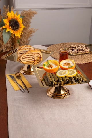 2'li Gold Kare, Ayaklı Şık Kek, Pasta, Kurabiye Ve Tatlı Servis Sunum Standı Gold