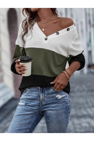 Kadın Uzun Kollu V Yakalı Düğmeli Çok Renkli Waffle Bluz Beyaz