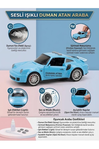 Duman Atan 3 Buton Fonksiyonlu Sesli Işıklı Müzikli Sürtmeli Kapıları Açılan Porsche Oyuncak Araba Mavi