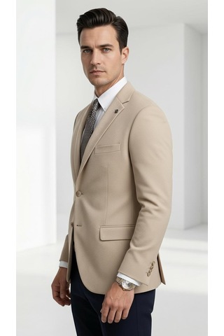 Plus Scorpion Ck 142 Slim Fit Mikro Desenli Erkek Ceket Yazlık Pike Kumaş Çift Yırtmaç Blazer Bej