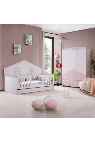 Bello Çocuk Odası Takımı, Bello Yavrulu Karyola, Fethiye 3 Kapaklı Dolap - Pembe Renkli