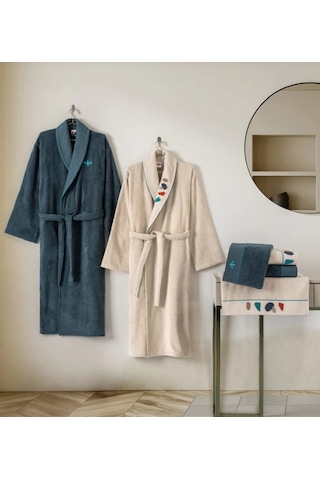 Cotton Box Puff Nakışlı Gaja Bej-petrol Aile Bornoz Takımı Çok Renkli