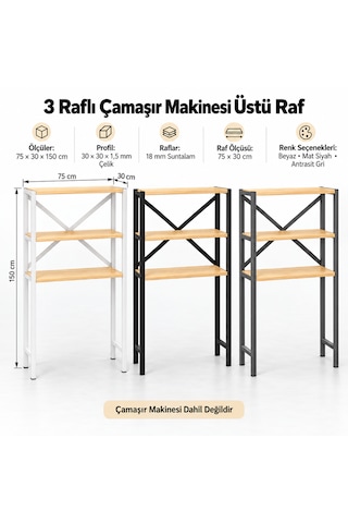 Çamaşır Makinesi Üstü Raf 3 Raflı Metal Banyo Düzenleyici 75 30 150 Cm Siyah