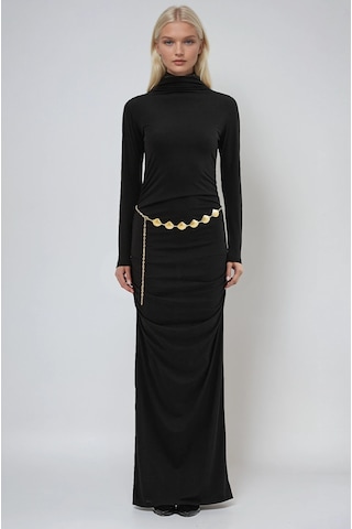 Lijuri Gold Kemerli Ve Drape Detaylı Uzun Elbise 2953 Siyah