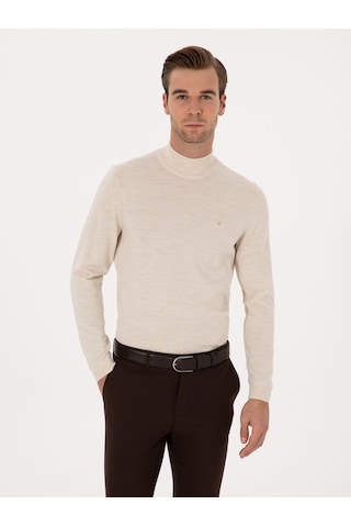 Cacharel Bej Slim Fit Yün Karışımlı Yarım Balıkçı Basic Triko Kazak