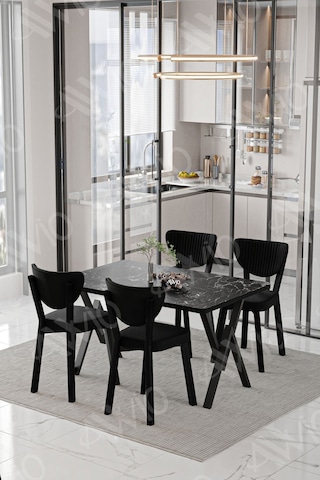 Avvio Vanensi Elma Sandalye 80x120 Yemek Masası Mutfak Masası 4 Kişilik Masa Sandalye Takım Siyah Mermer