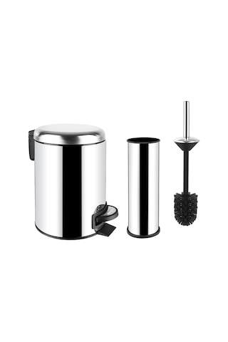 SİLİWAX Elit Ikili Banyo Seti Paslanmaz 3lt Çöp Kovası + Tuvalet Fırçası Krom