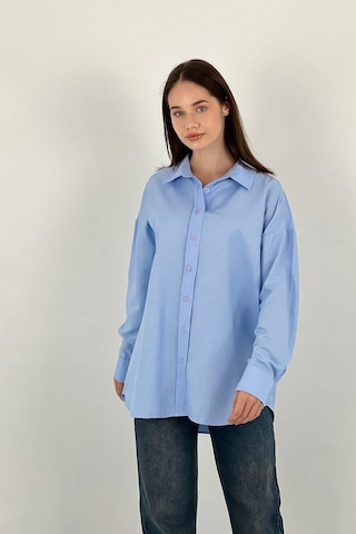 Miss Poem Kadın Polo Yaka Basic Oversize Uzun Kollu Pembe Gömlek Mavi
