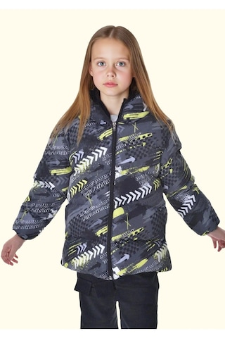 Kız Çocuk Dijital Desen Polar Su Ve Rüzgar Geçirmez Kapüşonlu Şişme Kışlık Mont Sarı