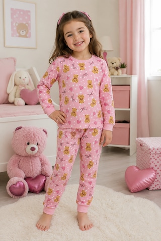 Durukoza %100 Pamuk Kız Çocuk Pijama Takımı Ayıcıklı 4 Mevsim Pembe