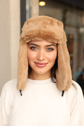 Çıtçıtlı Kürklü Kulaklıklı Peluş Bere Şapka Rkş-03 Camel Camel