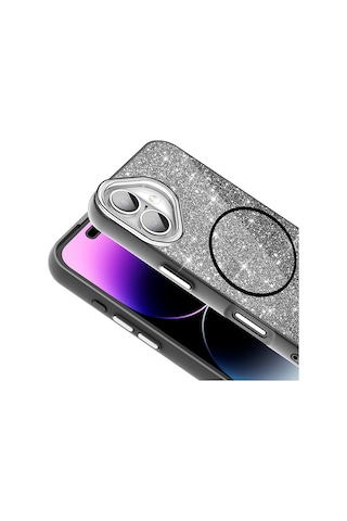 Apple Uyumlu iPhone 16 Kılıf Magsafe Şarj Özellikli Parlayan Simli Okso Kılıf Siyah