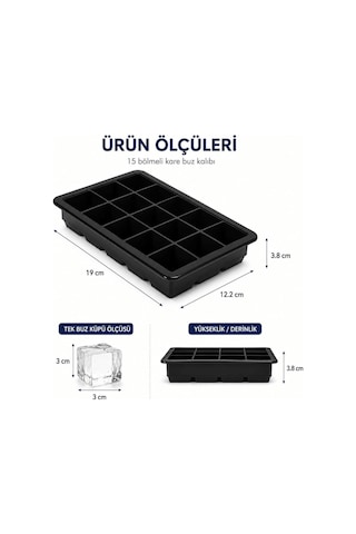 15 Li Standart Boy Kare Silikon Buz Kalıbı Mıt1341 Gri - Siyah