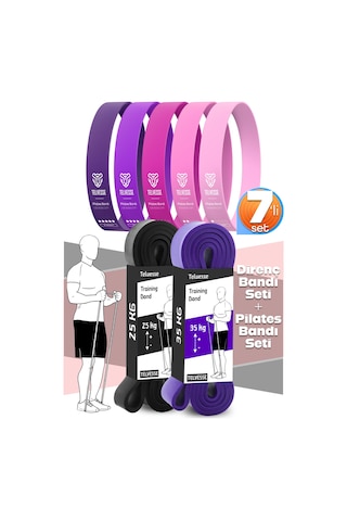 7li Mega Set 25+35 Kg + 5li Pilates Direnç Bandı Barfiks Lastiği Loop Band Pembe Ton Çok Renkli