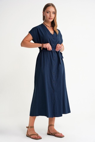 4721 Kadın V Yaka Düğme Detaylı Keten Elbise Lacivert Lacivert