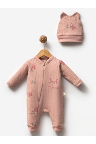 Kız Bebek Desenli Şapkalı Tulum-15304 Pudra