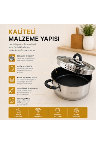 8 Parça Paslanmaz Çelik Tencere Seti İndüksiyon Ocak Uyumlu, Süzgeç Kapaklı Gümüş