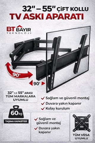 Tüm Markalar Ile Uyumlu Televizyon Çift Kollu Hareketli Duvar Asma Aparatı 32-55''inç Arası