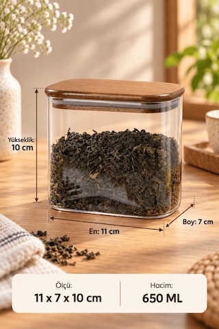 Atbyhome Akasya Ahşap Vakum Kapaklı Dikdörtgen Cam Kavanoz 650 Ml - Çay Kahve Ve Baharat Saklama Kabı Diğer