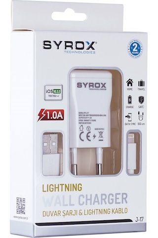 Syrox Apple Uyumlu iPhone 5/5S 1.0A/1M Şarj Cihazı Syx-J17