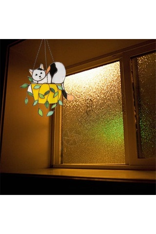 Saksıda Kedi Güneş Tutucu Vitray Pencere Süsleri, Kristal Güneş Tutucu, Akrilik Güneş Tutucu Seti, Duvar Sanatı A