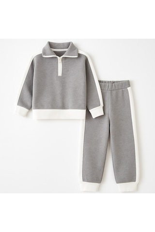 Kız Çocuk 3 İplik Şardonlu Beyaz Şeritli Alt Üst Takım Yaka Yarım Fermuarlı Gri