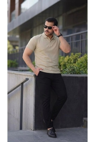 Defymoda Erkek Kısa Kollu Yakalı Tişört Bej