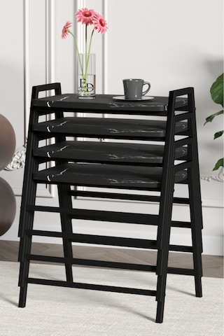 Zigon Sehpa , Aden 4'lü Tepsi Zigon Sehpa Takımı Siyah Metal - Siyah Mermer Tabla Siyah-siyah Mermer