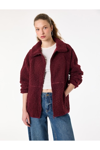 Koton Uzun Kollu Dik Yaka Cep Detaylı Fermuarlı Oversize Peluş Ceket Bordo 6wmg60028ık