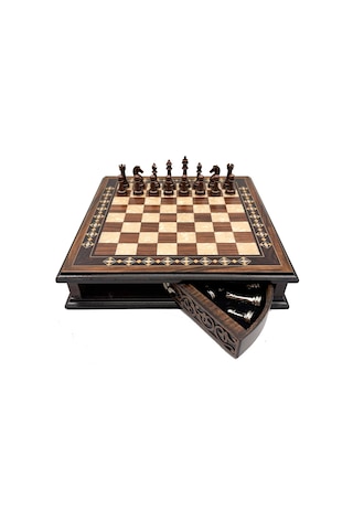 Özel - 46 - Tasarım El İşi Yuvarlak Satranç Tahtası Ve Metal Satranç Taşları Mcyv36 - Bakır-gümüş, - Kmrsfres - Kahve Ta