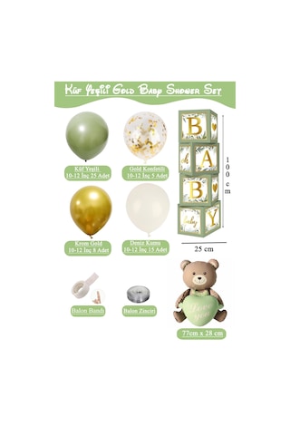 Küf Yeşili Temalı Baby Shower Set Adaçayı Baby Kutu, Ayıcık Folyo Ve Lateks Balon Set Yeşil