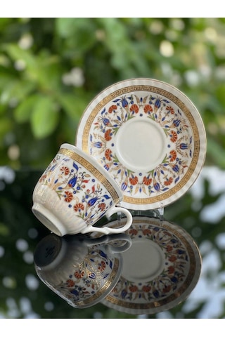 Alfafe Home 6 Kişilik Çini Desenli Altın Yaldızlı Porselen Çay Ve Kahve Fincanı Klasik Lüks Fincan Altın