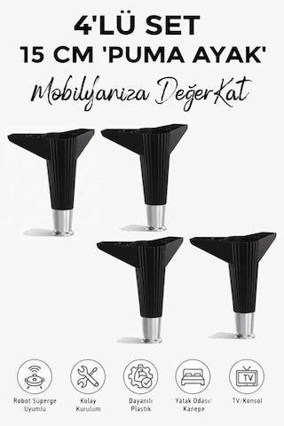 Puma 15 Cm 4 Adet Siyah -krom Mobilya Kanepe Tv Ünitesi Kosol Dolap Komidin Ayağı Siyah