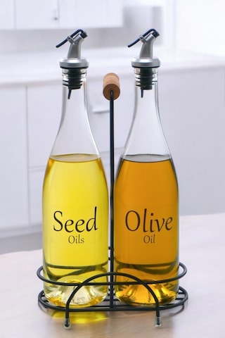 Digithome Pure 2'li Siyah Metal Standlı Ahşap Saplı Yağdanlık Seti Şeffaf Etiketli Cam Yağlık 750 Ml Cys-15 Siyah