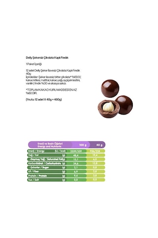Delly Şeker İlavesiz Bitter Çikolata Kaplı Fındık 12 x 40 G