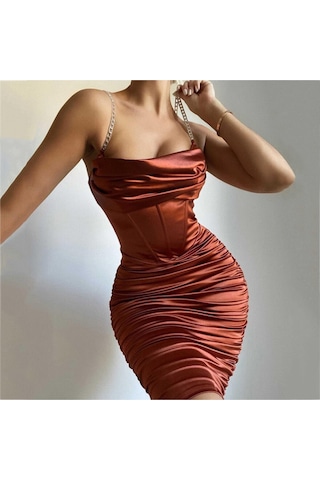 Fashion Cocktail Kalın Kumaşlı Parıltı Askılı Diz Hizası Dar Abiye Düğün Kokteyl Elbise Kiremit Kiremit