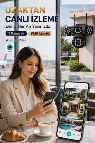 İcsee 9002 9mp 3 Lens Wifi Güvenlik Kamerası, Motorlu Gece Görüşlü Dış Mekan Kamera, 32gb Kart Ve Adaptör