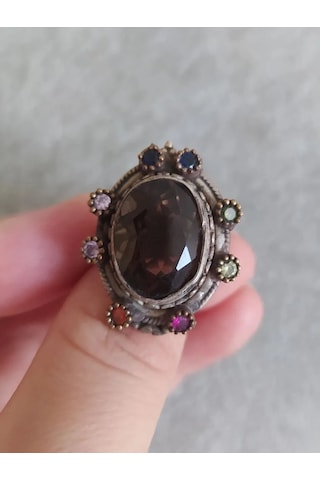 925 Gümüş Dumanlı Kuvars Yüzük 288 Siyah - Beyaz