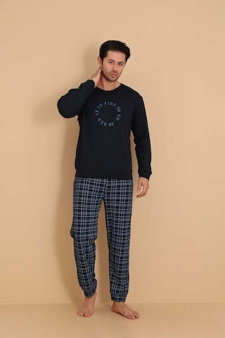 Falkom 7003 İnterlok Kışlık Ekose Pijamalı Erkek Pijama Takımı Lacivert