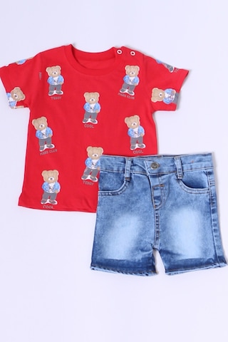 Erkek Bebek Şortlu Takım Kot Şortlu Çıtçıt Detaylı Baskılı B26 Kırmızı