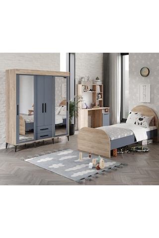 Izmir Çocuk Odası Takımı Tamamı Mdf Antrasit Ve Flora Aynalı