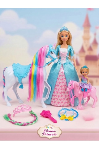 Elonna Princess Yeleli Unicorn At Ve 30 Cm Prenses Bebek Oyun Seti - Saç Aksesuarlı