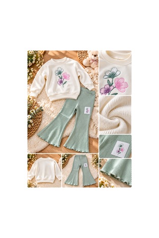 Uğur Bebe Kız Çocuk Boncuk İşlemeli Çiçekli 2 Li Takım Sweatshirt İspanyol Paça Yeşil Ribanalı Tayt Lı Takım Günlük Şık Kombin Ekru Yeşil Ekru Yeşil