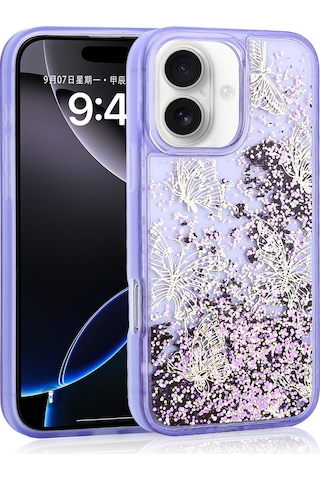Nourthkiingdom Apple Uyumlu iPhone 16 Kılıf Sıvılı Simli Kelebek Baskılı Şeffaf Arka Yüzey Nrtk Glis Silikon Kapak - Mor Mor