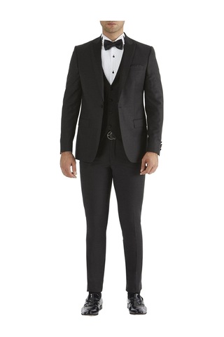 Efor Black 034 Slim Fit Yelekli Çıkarılabilir Saten Yaka Siyah Damatlık Smokin Takım Siyah