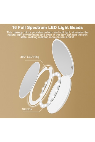 Moveevo Taşınabilir Led Makyaj Aynası Çift Taraflı Kozmetik Aynası 16 Led X3 Büyüteçli Ayna Katlanabilir Şeffaf Ayna Yüzey