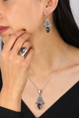 Mistik Topaz Taşlı Otantik Kadın Gümüş Üçlü Set