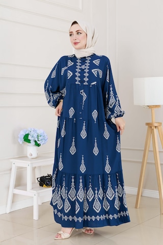 Sevitli Yarım Düğmeli Robalı Eslem Elbise-indigo-5186 İndigo